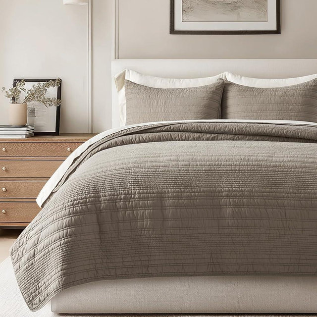 EVERGRACEHOME 100% Cotton Modern Lines Quilt Set Queen Size, Pre-Washed Soft Striped Coverlet Bedspread, 3 Piece Lightweight Bedding Set for All Season, with 2 Pillow Shams, Stone Taupe