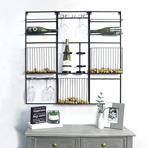 PRINZ Bar 6-Bottle Metal Wall-Mounted Wine Rack, 3-Piece Set with Cork Storage and 9-Stem Glass Holder, 36-Inch by 36-Inch, Black