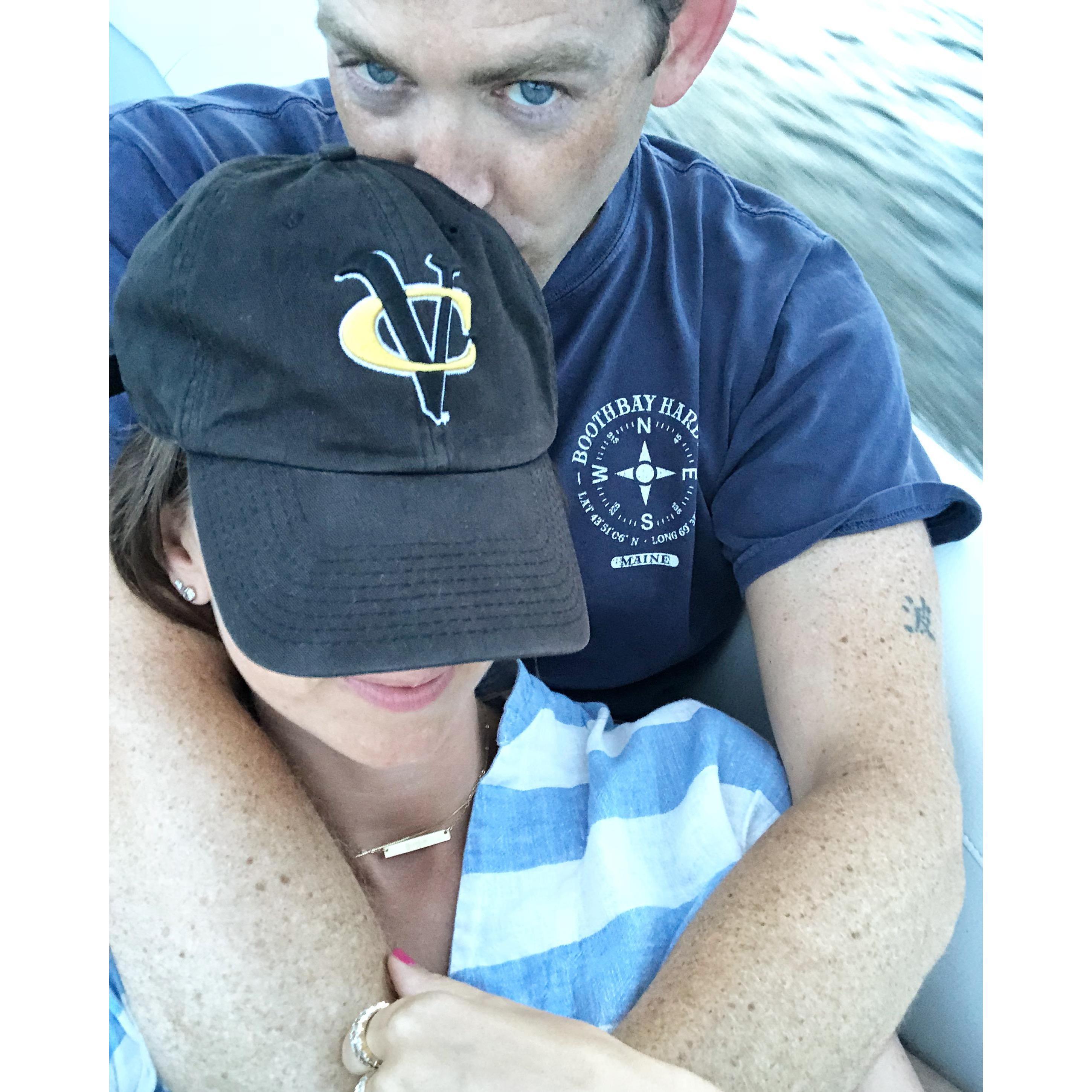 On the boat at King King and Pop's (Mike's grandparents') lake house. July 4, 2018