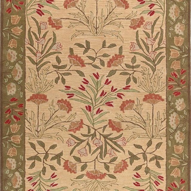RUGORIA Restoration and Renovation Handmade Floral Adeline Beige/Blue Tulips Traditional Crafted Wool Area Rug for Living Room Bedroom and Kitchen (Multi Color, 5' x 8')