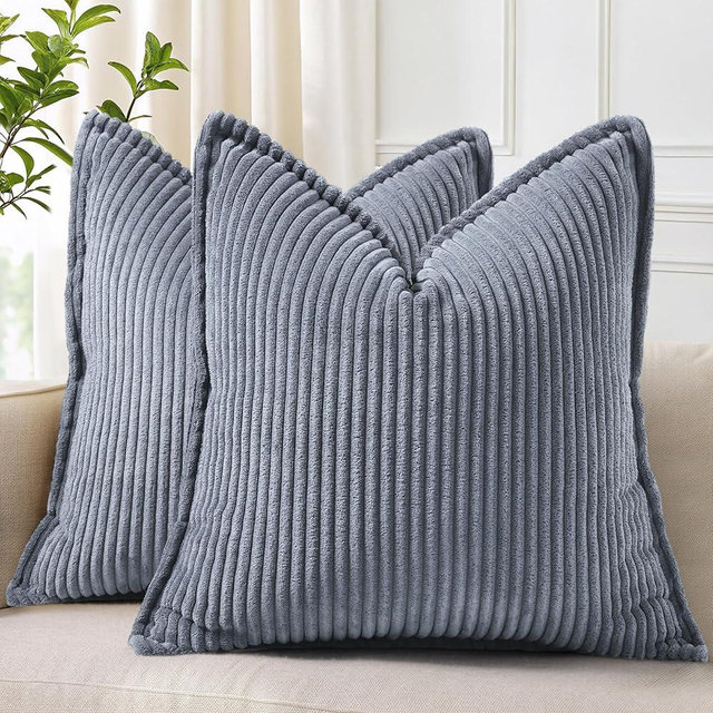 decorUhome Summer Corduroy Blue Grey Euro Sham Throw Pillow Covers 26x26 Set of 2 Decorative Soft Boho Farmhouse Couch Pillow Covers for Living Room Bed Sofa Broadside Striped Pillow Cases