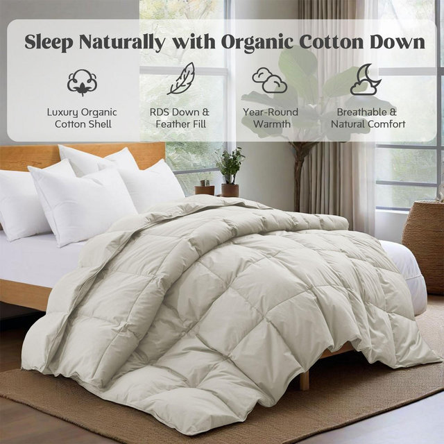 Puredown All Season Organic Cotton Down Comforter - 100% Natural, Chemical-Free, Medium Warmth Duvet Insert, Oatmeal, King
