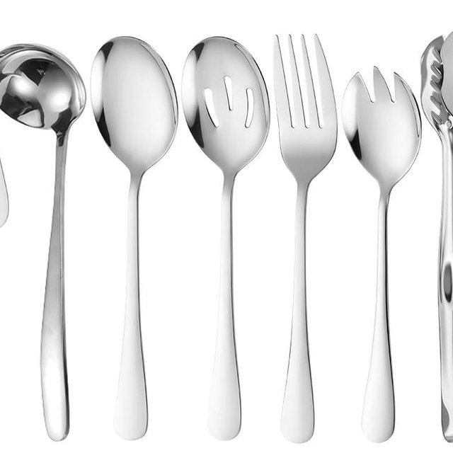 Silver Flatware 7 Piece Stainless Steel Set Includes Serving Spoons, Slotted Serving Spoon, Serving Tongs, Serving Fork, Salad Fork, Soup Ladle, Pie Server