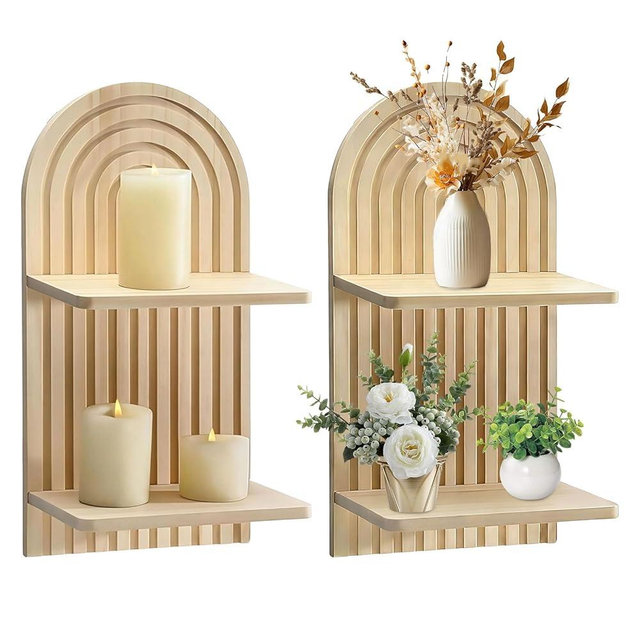 Risirica 2Pc Boho Wall Decor Set,2 Tier Natural Modern Minimalist Mid Century Wall Candle Holder for Living Room,Rustic Farmhouse Wooden Wall Mount Candle Holders for Bedroom Living Room Decorations