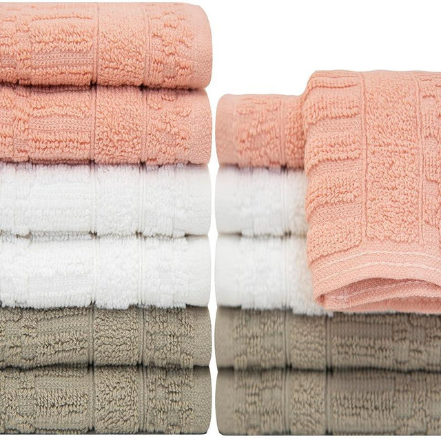 PH Pleasant Home Diamond Wash Cloths Set - 12 Pack (12” x 12”) – 509 GSM - 100% Ring Spun Cotton Wash Cloth - Super Soft and Highly Absorbent Face Towels (Blush, White & Tan)
