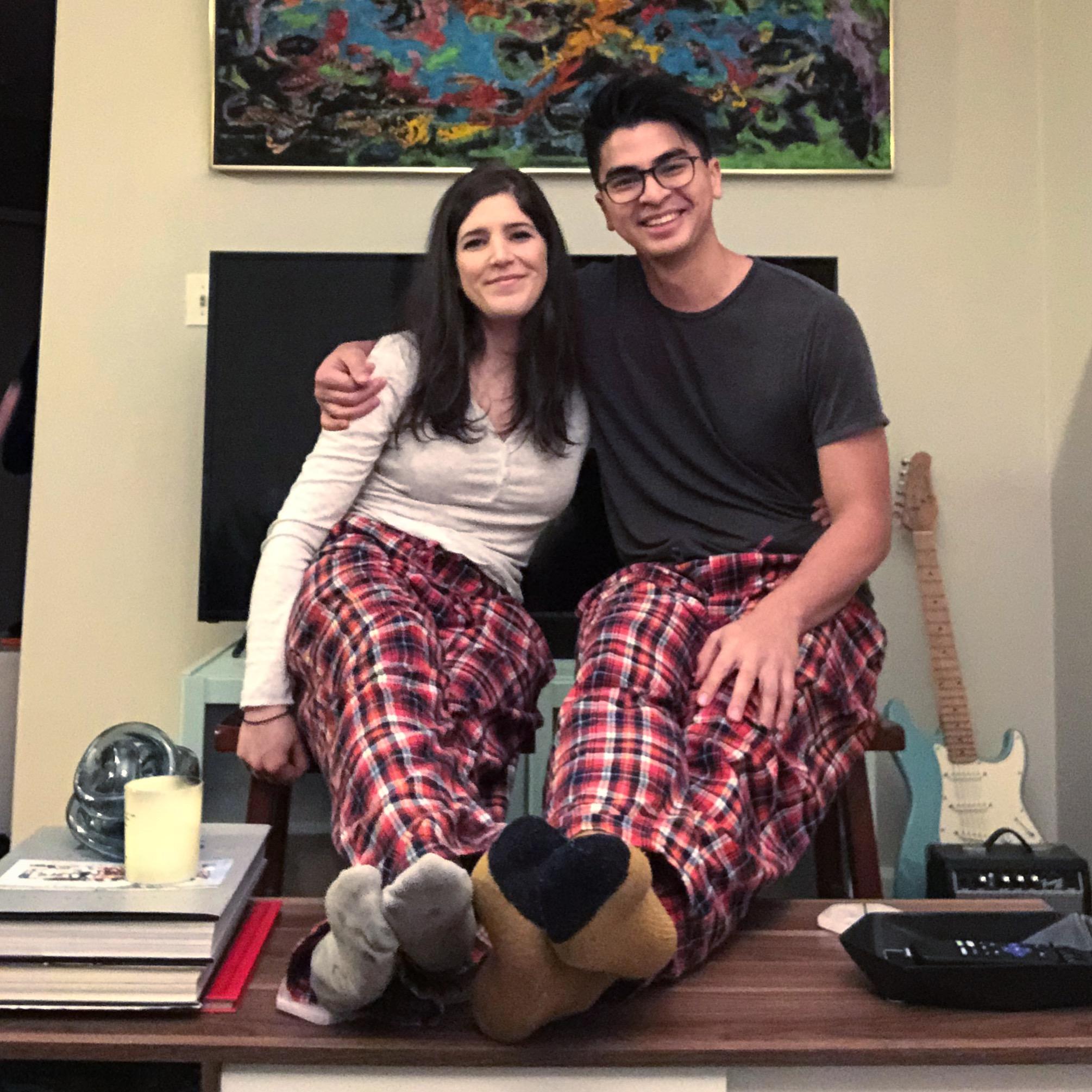 In our matching Christmas PJs.