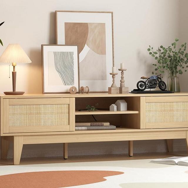 Boho TV Stand for 55 65 Inch TV, Rattan Entertainment Center with Shelves, Cabinets and Sliding Doors, TV Media Console Table with Solid Wood Feet & Cord Holes for Living Room, Bedroom, Natural
