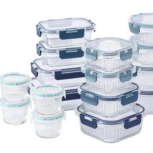 COOK WITH COLOR Premium 32-Pc. Borosilicate Glass Food Container Set with Dividers - 4 Rectangles, 8 Rounds, 4 Squares - Leakproof Lids - Meal Prep, Storage, Fluted Ombre Blue