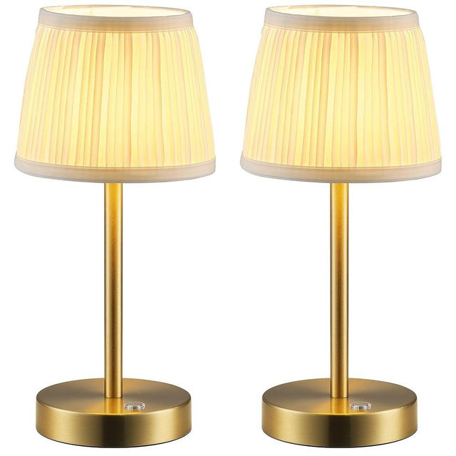 PUSU 2 Pack Cordless LED Gold Table Lamps, Rechargeable 4000mAh 3 Way Dimmable Bedside Small Lamp with Fabric Shade, Lighting for Bedroom, Kids Room, Bathroom, Kitchen, Decor, Gift, Night Light