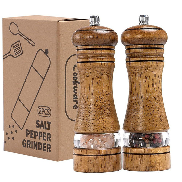 M JINGMEI Wooden Salt and Pepper Grinder Set, Premium Oak Wood Salt Grinders Shakers, Pepper Mill with Acrylic Clear Window, Adjustable Ceramic Grinder - 6 inches, 2 Pack