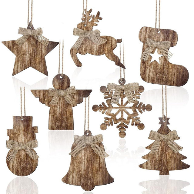 Lineshading 8 Pcs Rustic Christmas Tree Ornaments Wooden Farmhouse Christmas Ornaments Angle Snowflake Reindeer Tree Hanging Decor for Xmas Home Office Fireplace Winter (Brown,4.3 x 3.9 Inches)