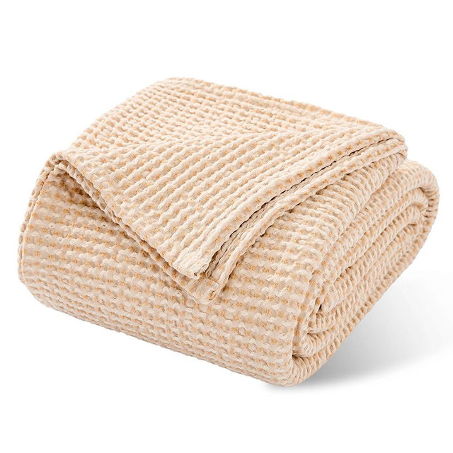 RENEWROOTS 100% Cotton Waffle Woven Queen Blanket for Bed, Soft Lightweight Jacquard Dual-Tone Textured Blanket, Fading Resistant 90" x 90" Beige