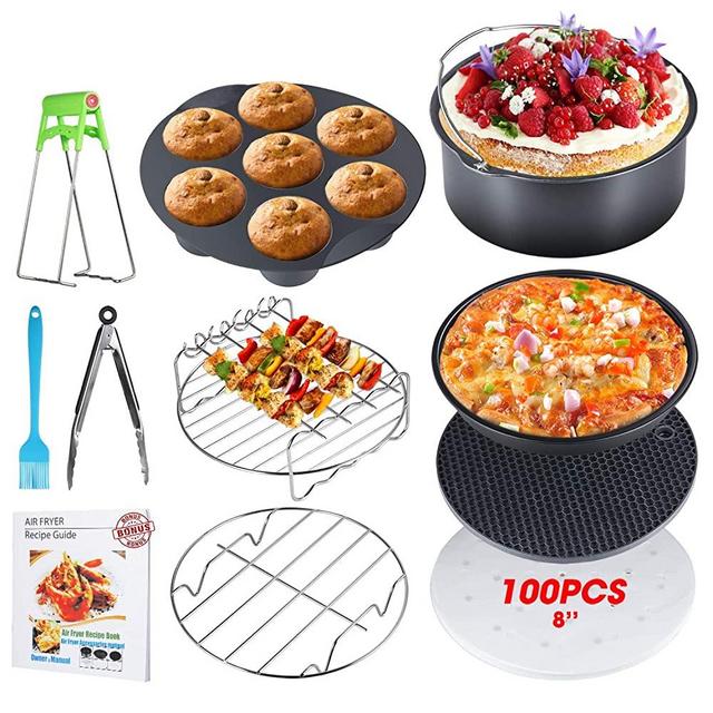 8 Inch Air Fryer Accessories, Set of 10, XL Air Fryer Accessories with Recipe Cookbook for Gowise Phillips USA Cozyna Airfryer, Fit all 3.7QT-5.3QT-5.8QT-6.8QT