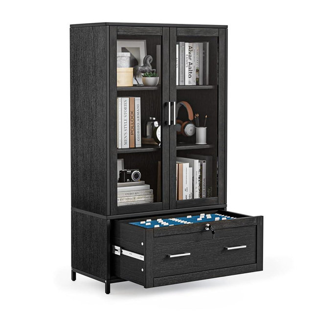 VINGLI Wood Lateral File Cabinet With Lock, Bookshelf With Glass Doors and Adjustable Shelves, Black File Cabinets for Home Office, Filing Cabinet for Hanging Letter/Legal Size Folders,30W x 16D x 55H