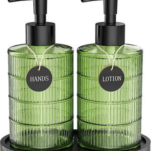 Green Glass Soap Dispenser Set