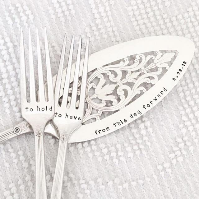 Wedding Cake Server and Fork Set, vintage silverplate, hand stamped and personalized - To Have and To Hold From This Day Forward