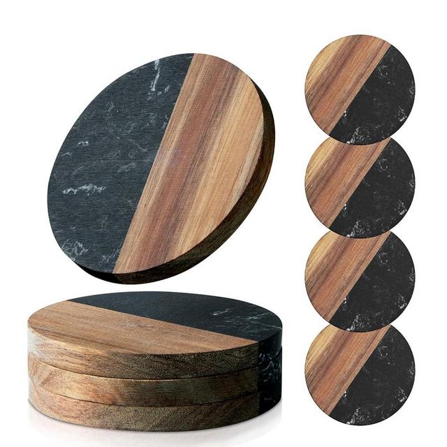 Coasters Set of 4 for Drinks,Marble-Wood Spliced Coaster for Tabletop Protection,Cup Holder Coasters for Multiple Cup Types,Coaster Set Gifts for Home Warmth