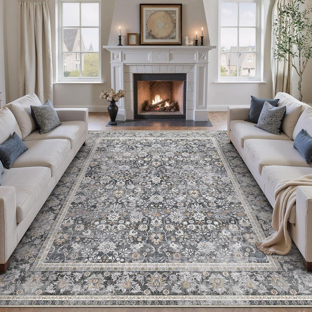HUGEAR 8x10 Machine Washable Rugs Black Hallway Large Area Rug Indoor Accent Rug Floral Low Pile Carpet Soft Throw Aesthetic Rug Bedroom Living Room Office Dining Room Kitchen Laundry Room