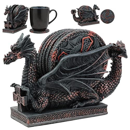 Ebros The Voyage of The Rune Celtic Dragon Coaster Set Figurine Holder and Five Round Dragon Crucifix Detailed Coasters