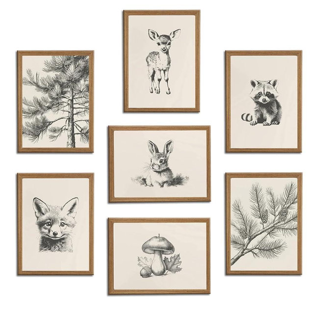 HDXUFJQ Wood Framed Neutral Nursery Wall Art Woodland Animal Canvas Wall Decor Forest Animal Themed Sketch Pictures Prints Vintage Rustic Baby Kids Boys Girls Room Home Paintings Decor（8"x10"）