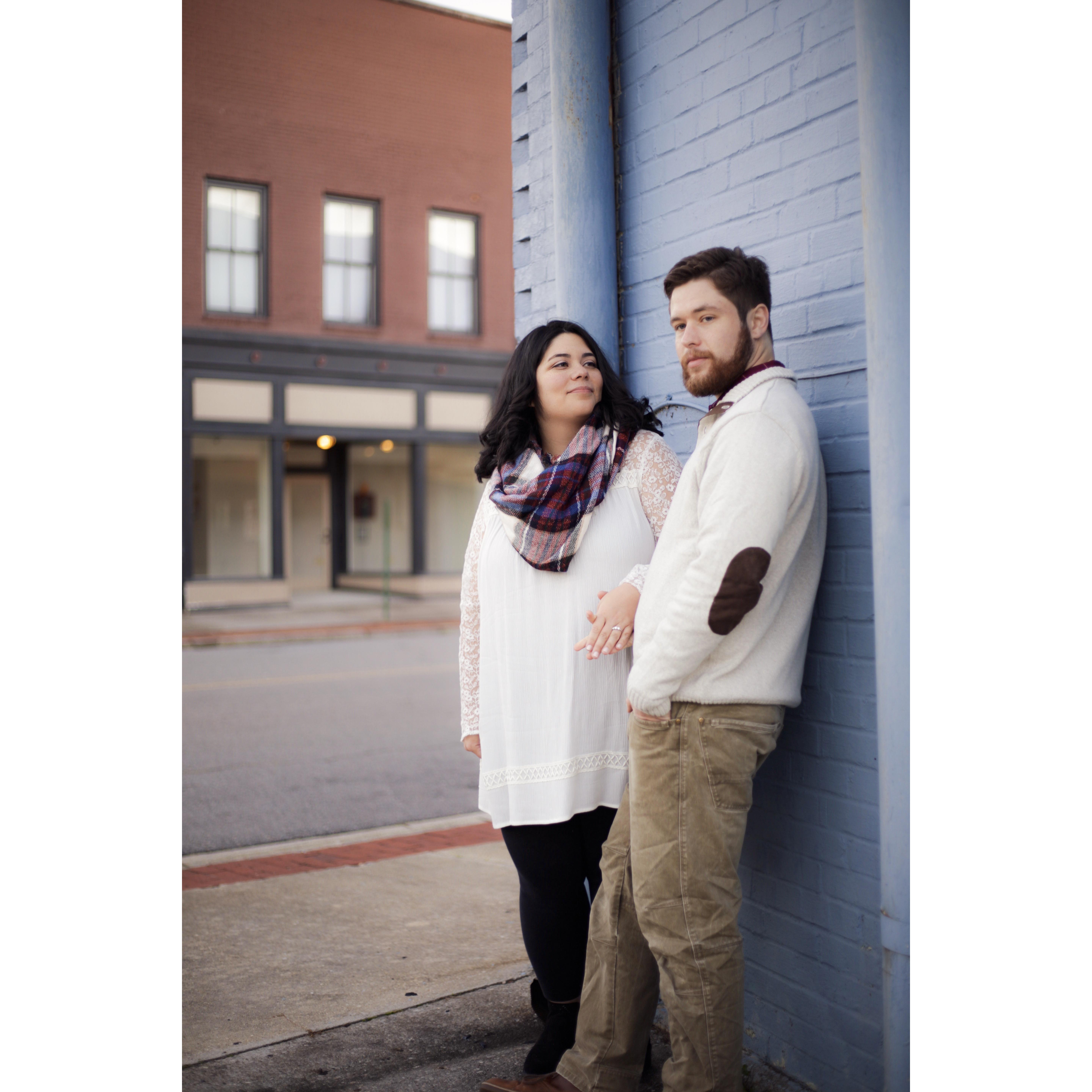 Engagement Photo Shoot credit goes to Lauren Harder. Location is Downtown Weldon, NC.