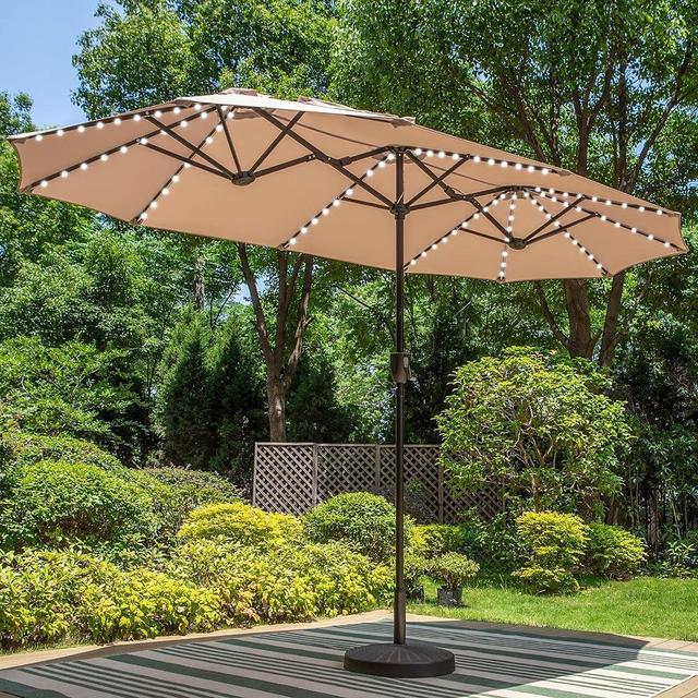 PHI VILLA 13ft Large Patio Umbrella with Solar Lights, Double-Sided Outdoor Market Rectangle Umbrella with 120 PCS LED Lights, Beige (No Base)