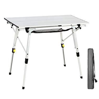 PORTAL Outdoor Folding Portable Picnic Camping Table with Adjustable Height Aluminum Roll Up Table Top Mesh Layer
