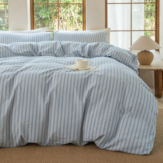 BESTDESIL Luxury 100% Washed Cotton Linen Like Duvet Cover Set,3 Pcs Striped Duvet Cover with Zipper Closure(Strip-Cornflower Blue/White,Queen)