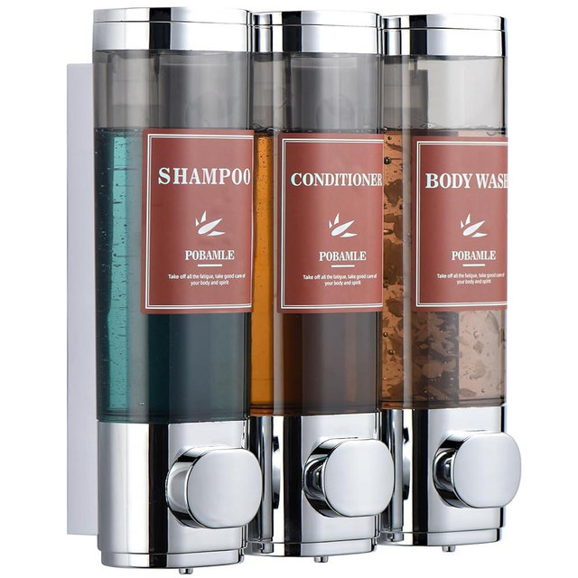 Shampoo and Conditioner Dispenser Wall Mounted Shower Soap Dispenser No Drill Shampoo Dispenser for Shower 3 Chamber Bathroom Body Wash Shower Gel Holder Chrome