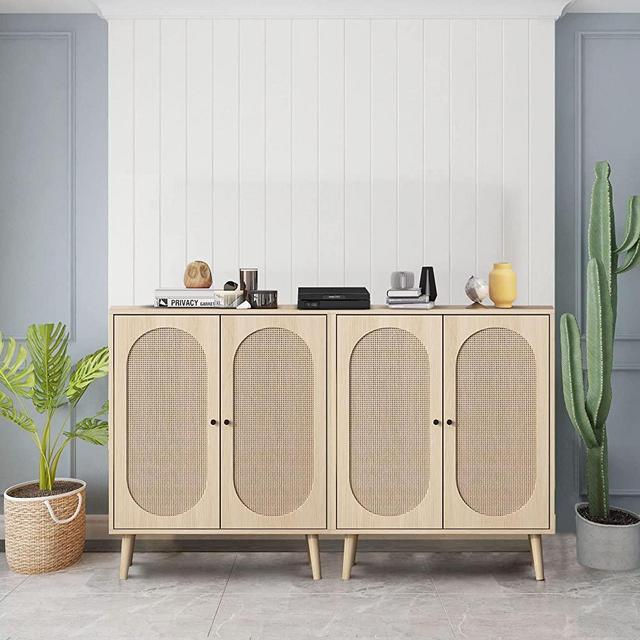 Rattan Sideboard Buffet Cabinet, Accent Kitchen Storage Cabinet Console Table with Adjustable Shelves for Living Room, Dining Room, Bedroom (Natural)