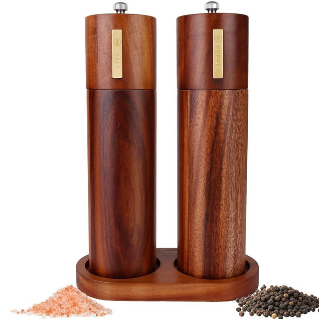 2 Set Wood Salt and Pepper Grinder 8 Inch Manual Salt and Pepper Mill with Tray Adjustable Coarseness Refillable Grinder with Gold Bottle Label Smooth and Quality Grinding Mechanism for Kitchen
