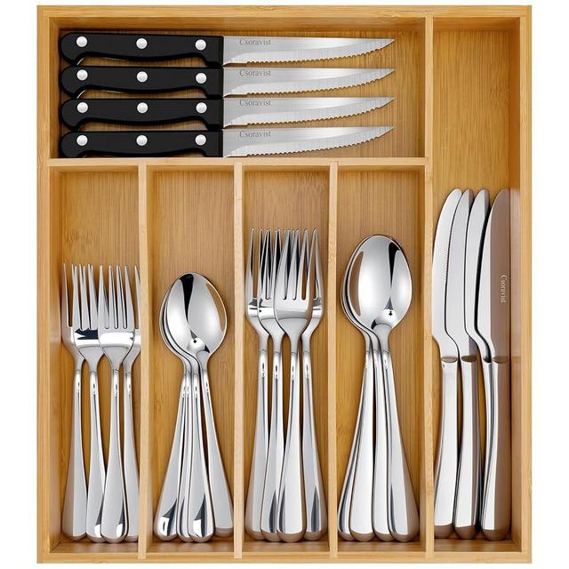 Csoravist 49-Piece Silverware Set with Bamboo Organizer for 8, Heavy-Duty Stainless Steel Flatware Set with Steak Knives, Rust-Proof & Mirror Polished, Dishwasher Safe(organizer is only for packaging)