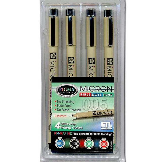 G.T. Luscombe Company, Inc. Pigma Micron 005 Ultra Fine Point Bible Note Pen Kit | No Bleed Pigmented Ink | Bible Safe | No Smearing or Fading | Black, Blue, Green, Red (Set of 4) | New Packaging |