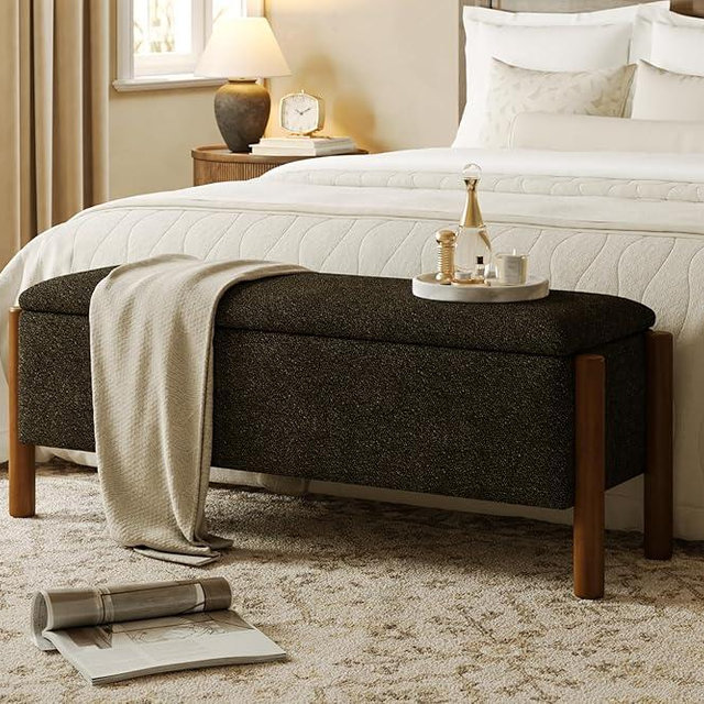 Quenvo Modern Storage Benches with Walnut Wood Legs, 47'' Ottoman Bench with 20 Gallons Storage Space for Bedroom End of Bed, Fabric Upholstered Entryway Bench with Seating for Livingroom, Gray