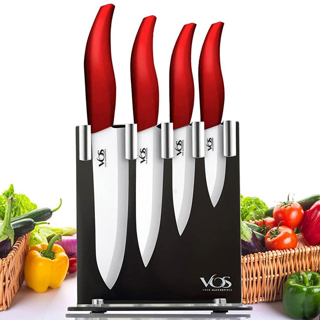Vos Ceramic Knives With Block Holder - 4 Piece Knife Set - Chef Knife, Utility Knife, Paring Knife and Multi-Purpose Knife - Lightweight Sharp Knives - Elegant Gift Box (Red)