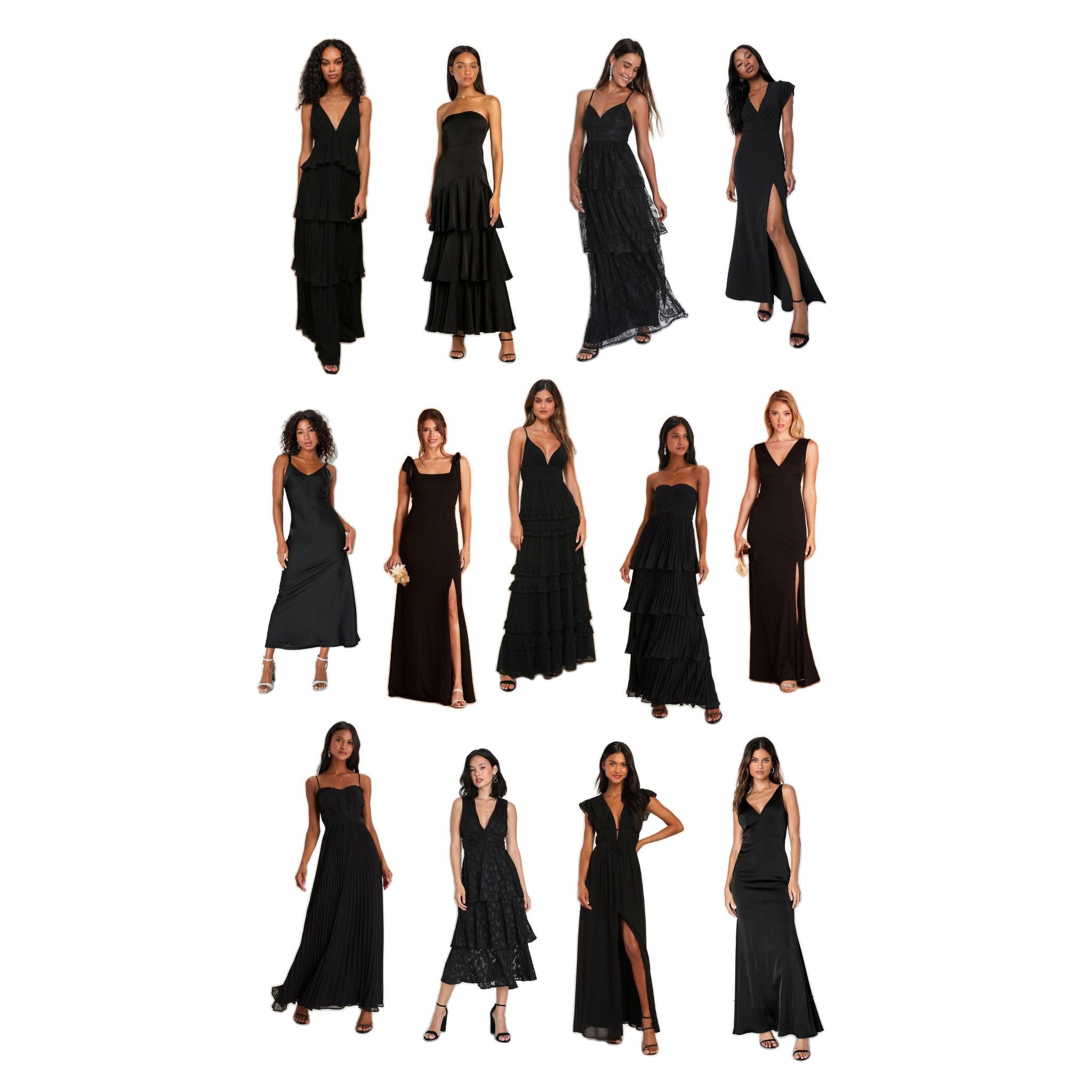 Your go-to inspiration for black-tie fashion – from sleek silhouettes to statement gowns, all in classic black.