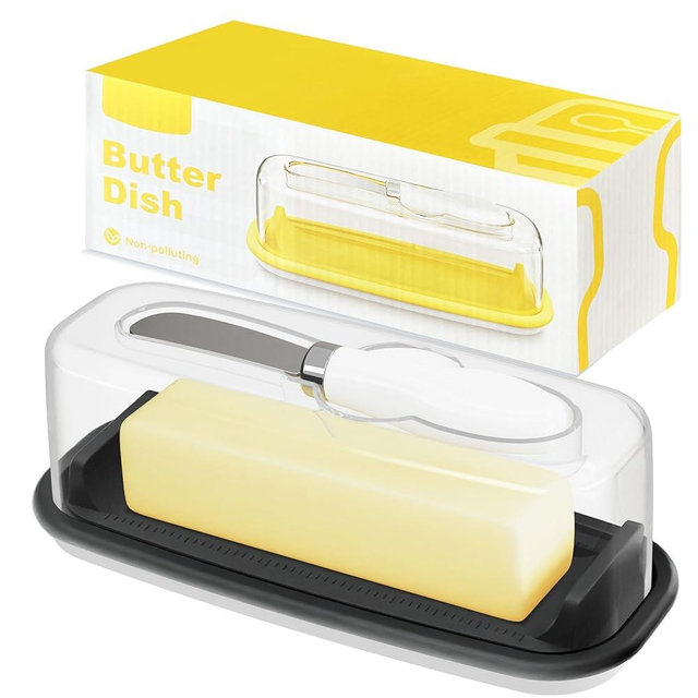 AJIJING Butter Dish with Lid for Countertop, Easy Scoop, BPA Free, Butter Container with Knife Spreader, Butter Holder with TBSP Marks, Easy to Clean Butter Keeper for Refrigerator (Black)
