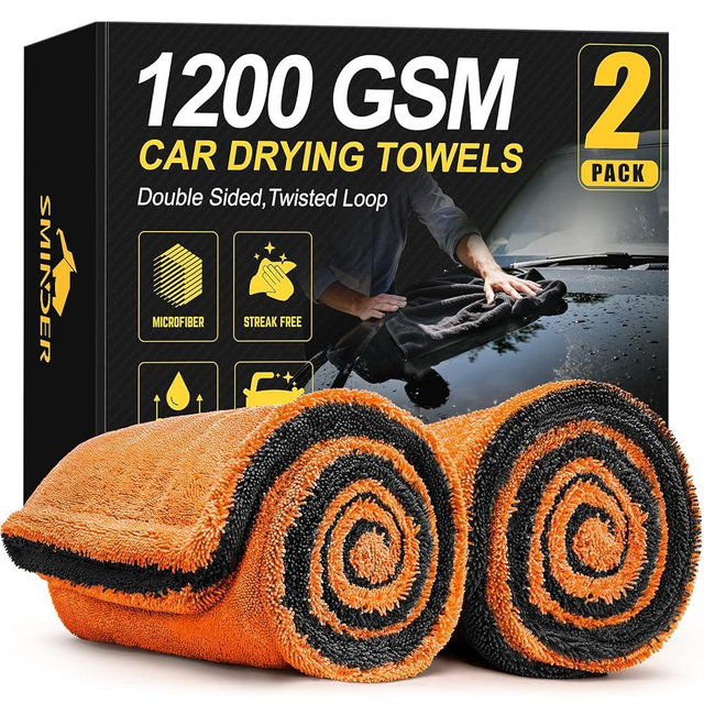 SMINDER 2-Pack 1200 GSM Car Drying Towels – Microfiber Towels for Cars (36" x 24"), Ultra-Absorbent, Streak-Free, Scratch-Free, No Water Spots, Double-Twist Pile & Edgeless Design(Orange)