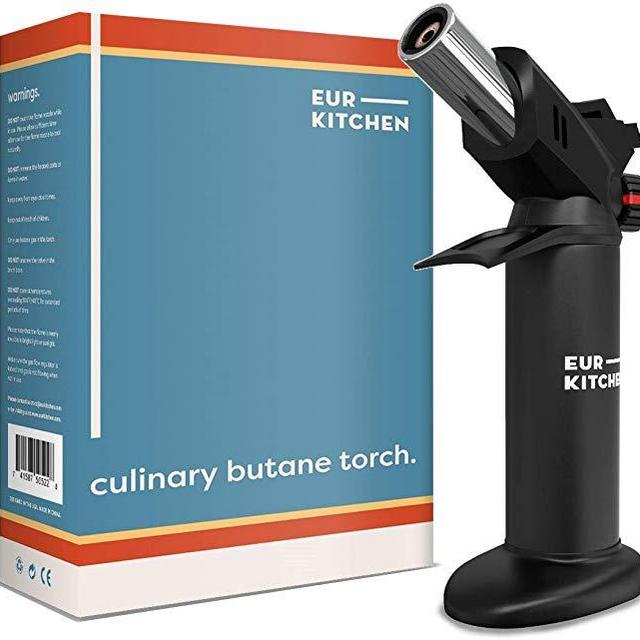EurKitchen Butane Culinary Kitchen Torch - Butane Fuel Not Included - Refillable Food Blow Torch for Creme Brulee and To Perfectly Sear Steak, Fish - Kitchen Lighter Tool for Cooking with Finger Guard