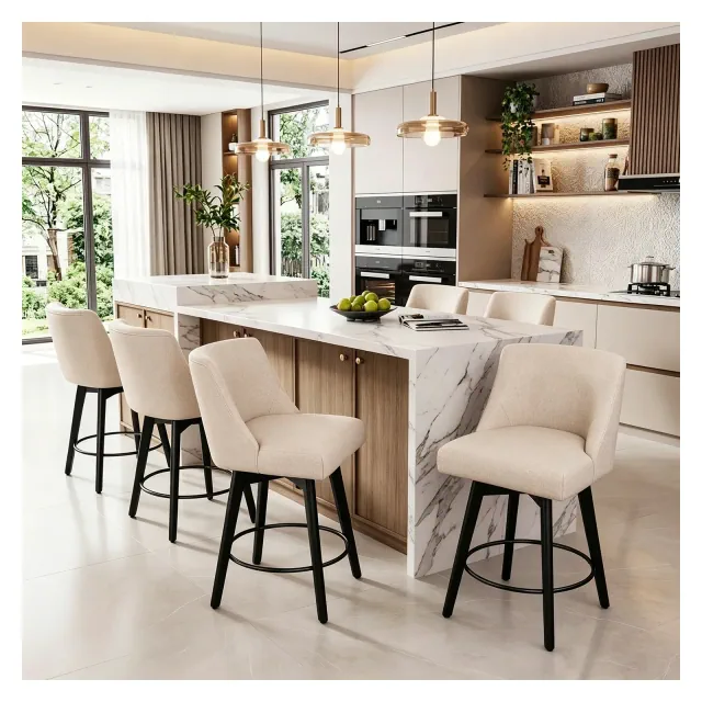 Dyonery 26" Swivel Counter Height Stools Set of 6, Upholstered Seat with Back, Wood Legs, Beige ¨C Ideal for Kitchen Island