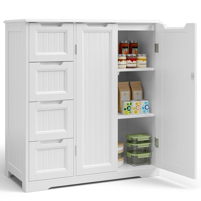 Gizoon Storage Cabinet, White Bathroom Storage Cabinet with 4 Drawers & Double Doors, Adjustable Shelf, Modern Floor Cabinet for Bathroom, Kitchen, Living Room, Entryway, White