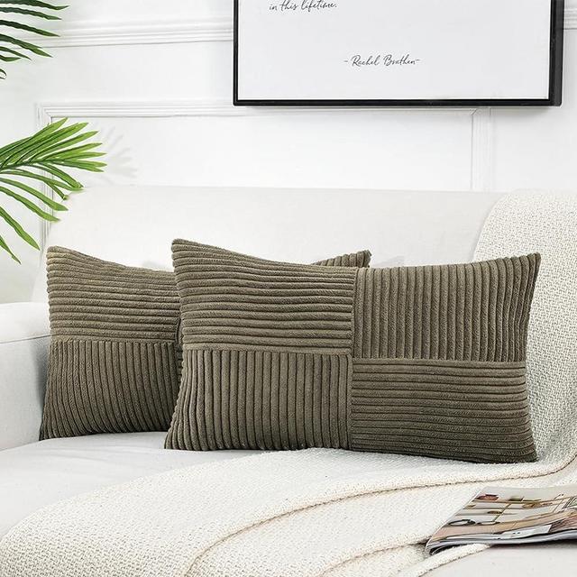 Fancy Homi 2 Packs Olive Green Lumbar Decorative Throw Pillow Covers 12x20 Inch for Living Room Couch Bed, Farmhouse Boho Home Decor, Soft Striped Corduroy Rectangle Accent Cushion Case 30x50 cm