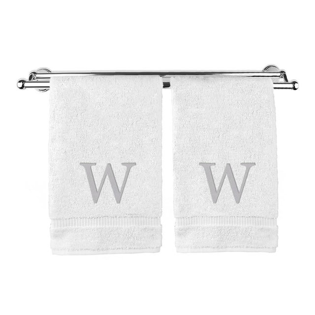 Monogrammed Hand Towel, Personalized Gift, Set of 2- Silver Block Letter Embroidered Towel - Extra Absorbent 100% Turkish Cotton - Soft Terry Finish - Initial W White
