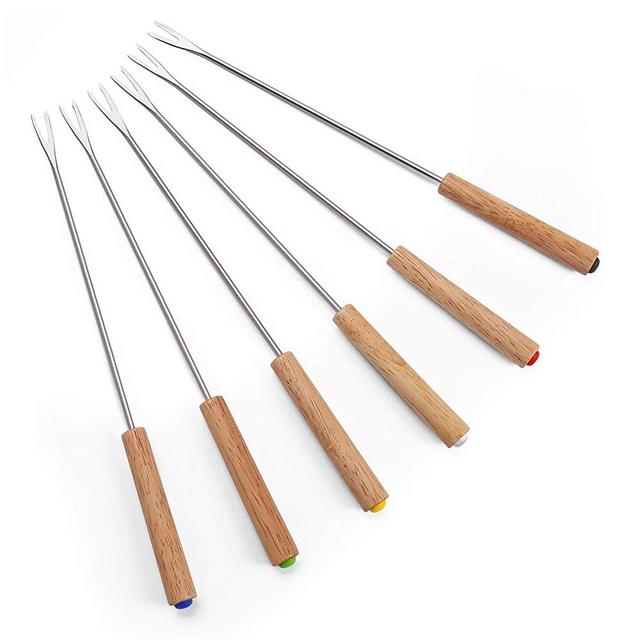 Set of 6 Stainless Steel Fondue Forks Wood Handle Heat Resistant 9.5 Inches - for Chocolate Fountain Cheese Fondue by Sago Brothers