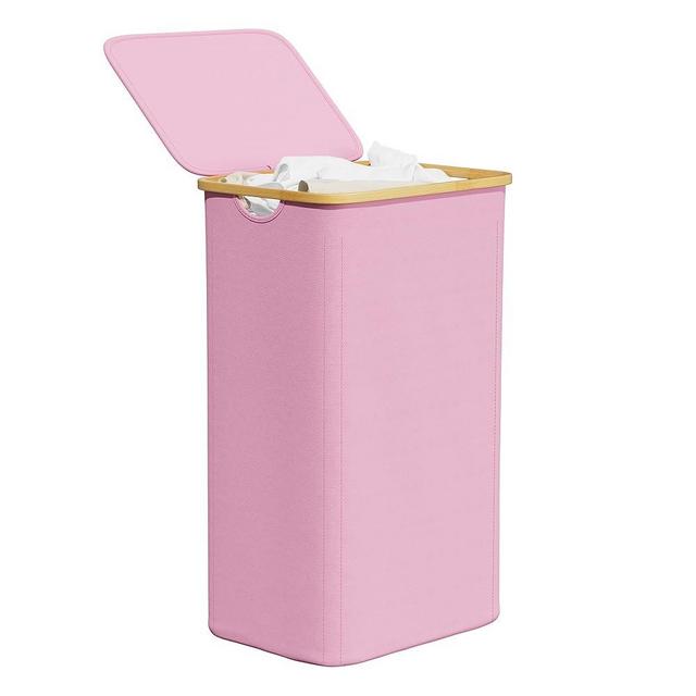 SpaceAid Laundry Hamper with Lid, 110L Large Tall Clothes Basket Bin with Bamboo Handles, Collapsible Laundry Hamper for Bedroom, Bathroom, Dorm, Laundry Room - Pink