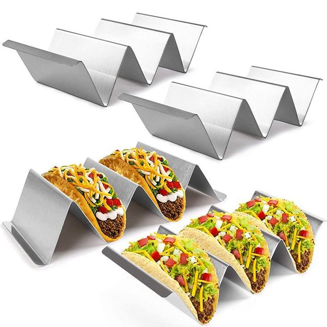 Taco Holder Stand, Tacos Racks with Handles, Set of 4 Stainless Steel Taco Serving Trays, Easy To Fill Tacos Plates, Oven Grill Dishwasher Safe, Holds Up to 3 or 2 Tacos, Use as Shell Baking Racks