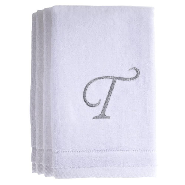 Monogrammed Towels Fingertip, Personalized Gift, 11 x 18 Inches - Set of 4- Silver Embroidered Towel - Extra Absorbent 100% Cotton- Soft Velour Finish - For Bathroom/ Kitchen/ Spa- Initial T (White)