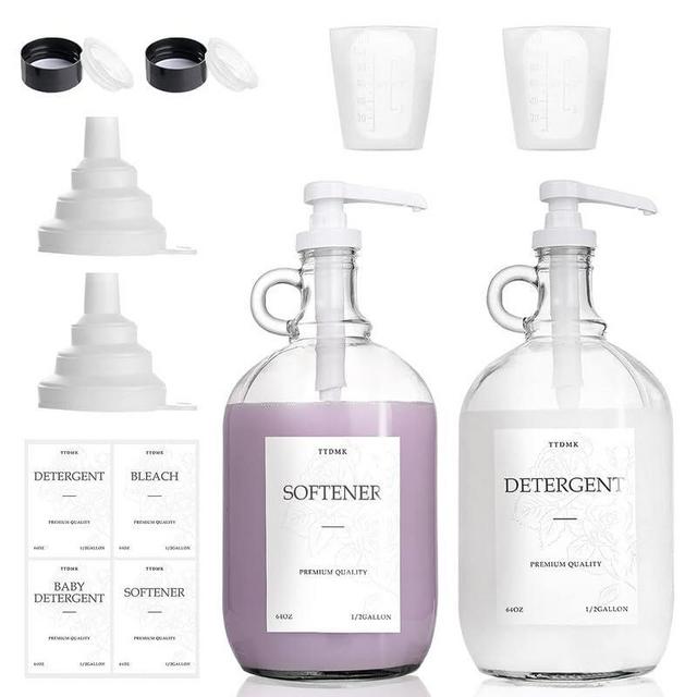 2-Pack Half Gallon Glass Laundry Dispensers with Pump - 64oz Bottles for Detergent, Soap, Syrup, Juice - includes Labels, Funnel, Measuring Cup