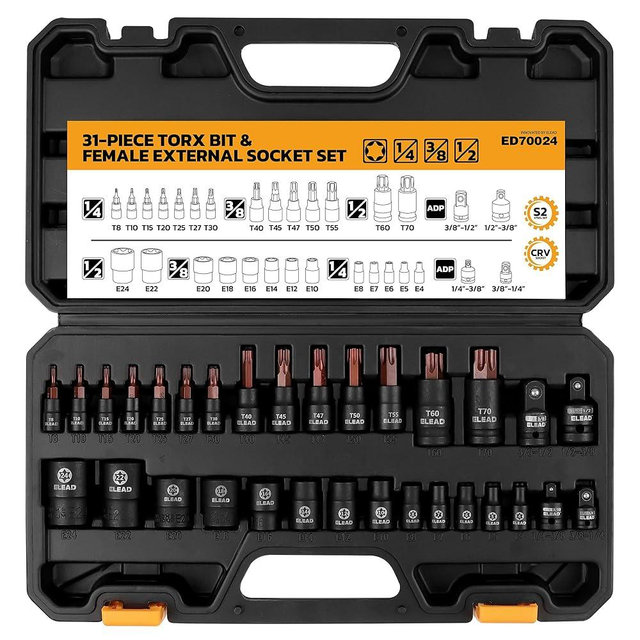 31-Piece Torx Bit Socket Set: Premium CR-V & S2 Alloy Steel, Star T8-T70 & E-Torx E4-E24, High Torque Laser Marked for Automotive Mechanic