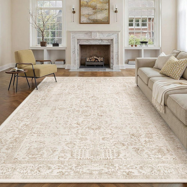 PureCozy Beige Area Rug 9x12 Machine Washable Large Vintage Living Room Distressed Non Slip Carpet Traditional Indoor Bedroom Retro Floral Accent Throw Rug for Office Kitchen Dining Room